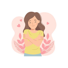 Young woman hug herself. Self love concept. High self esteem. Flat style cartoon vector.