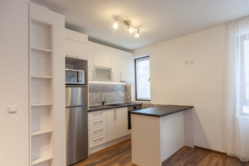 Fototapeta na wymiar New modern kitchen. New home. Interior photography. Wooden floor.
