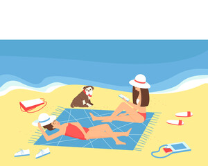 Mom and her adult daughter are relaxing on the beach by the sea. Girlfriends sunbathe by the sea. The girl sits and reads an e-book. Flat vector illustration.