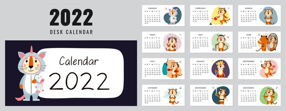 Desktop calendar design template for 2022, the year of Tiger according to Chinese calendar. Week starts on Sunday. Set of 12 pages and cover with cute Tiger. Vector stock flat illustration.