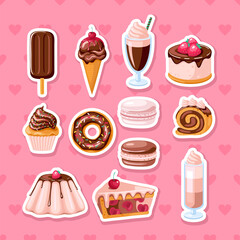 set of chocolate sweet food. Donut, ice cream, muffin, smoothies, macaroons and candies with chocolate topping. Vector illustration