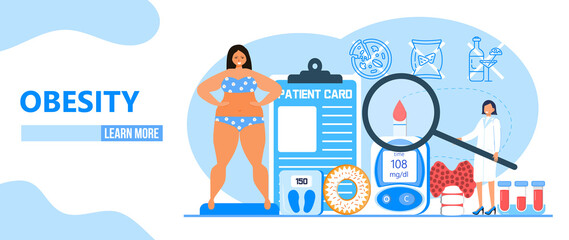 Obesity concept vector. Obsessive woman eats unhealthy food. Diabetes, atherosclerosis, hypertension, heart disease risk are complications in flat style. Fat girl is smiling.