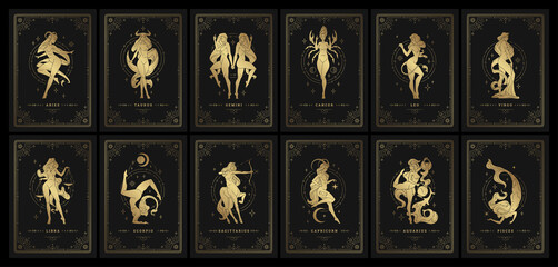 Zodiac womans horoscope signs linocut silhouettes design vector illustrations set - obrazy, fototapety, plakaty