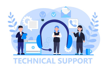 Fototapeta na wymiar Technical support or call center concept vector. Big headphone and assistants are shown. Digital or AI technology illustration.