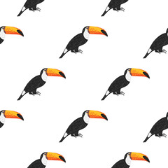 Zoo seamless doodle pattern with black and yellow colored cute toucan bird ornament. White background.