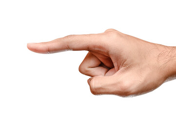 Male caucasian hand touching or pointing to something isolated on white background.