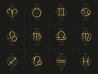 Zodiac astrology horoscope glyphs linocut silhouettes design vector illustrations set - obrazy, fototapety, plakaty