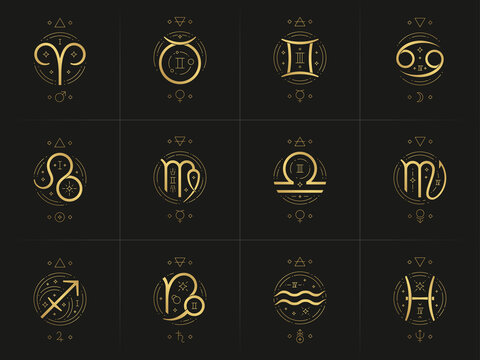 Zodiac astrology horoscope glyphs linocut silhouettes design vector illustrations set