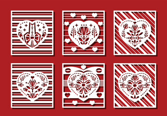 Heart in square cut on red background for laser cutting. Geometry flower, bow, lips in heart shape. Vector illustration