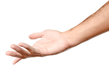 Male caucasian hand reach and ready to help or receive. Gesture isolated on white background.