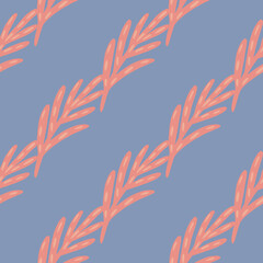 Fototapeta premium Diagonal geometric seamless pattern with botanic pink simple leaf branches. Blue pastel background.