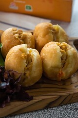 Bandung, Indonesia - January 24 2021 :  Chicken minced meat sandwich with salad toping