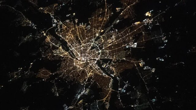 Animation of Budapest city during the night view from space from a satellite. Contains public domain image by NASA.