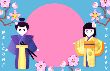 Welcome to Japan. Japanese background with couple, man and woman, in traditional national clothing and sakura blossom. Asian cartoon design