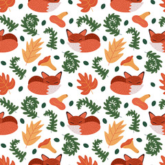 Vector seamless pattern with forest elements. Bright background with fox, fern, leaves, chanterelle mushrooms. Kids illustration for fabrics, textiles, wrapping paper, decorations.