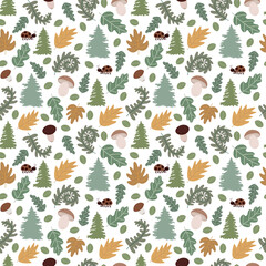 Vector seamless pattern with forest elements. Pastel background with porcini mushrooms, fern, colorful leaves, spruce, ladybirds. Illustration for fabrics, textiles, wrapping paper, decorations.