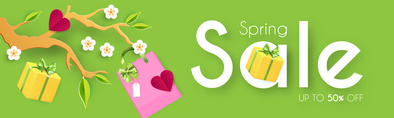 Spring Sale poster template. Seasom offer design with blooming branch, gift box and bags. Paper cut poster