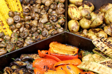 Assortment of grilled vegetables. Sweet peppers, potatoes, mushrooms, eggplant, zucchini and corn