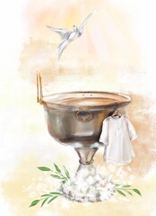 illustration a metal font in a church for the baptism of children and a white baptismal shirt.