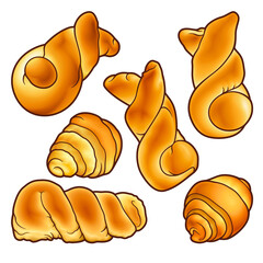 Buns hand drawn vector doodles set. Bake shop elements and objects