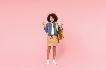 Full length happy little african american kid school girl 12-13 year old in casual clothes,...