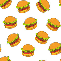 Burger, hamburger, cheeseburger vector seamless pattern. Fast food on white background. For the design of textiles, fabric, wallpaper, wrapping paper.