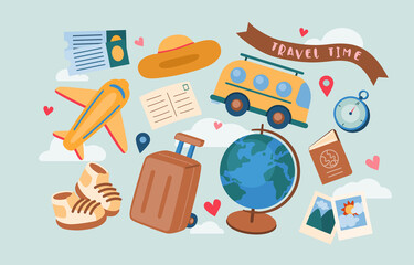 Travel Vacation Trip Objects Collection and Tourist Elements Set, Vector, Illustration