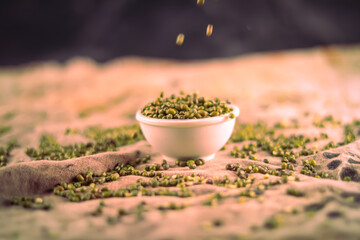 Green moong dal and green Mung bean with very healthy yellow moong daal on table,The best and most healthy lentils to eat,Indian pulse
