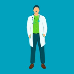 Vector illustration of an isolated young male intern. The character physician studies the medical history to make a diagnosis.