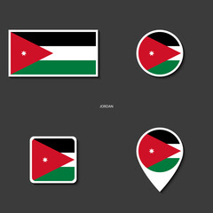 Jordan flag icon set in different shape (rectangle, circle, square and marker icon) on dark grey background. 