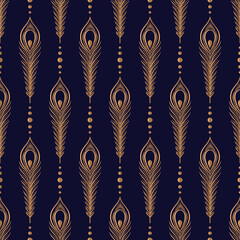 Peacock feathers luxury pattern seamless. Oriental gold black royal background vector. Filigree design for gift wrapping paper, beauty spa, yoga wallpaper, wedding party, birthday package, backdrop. - 409892176