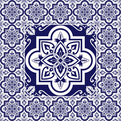 Delft blue tile pattern frame vector with ceramic element print. Porcelain mosaic background with portuguese azulejos, mexican talavera, italian sicily majolica, spanish, dutch motifs. - 409892184