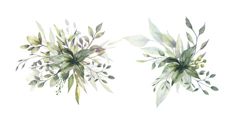 Naklejka premium Watercolor floral illustration set - green leaf branches bouquets collection, for wedding stationary, greetings, wallpapers, fashion, background. Eucalyptus, olive, green leaves, etc. High quality