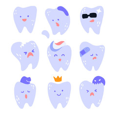 Obraz premium Cute tooth set. Hand drawn cartoon characters with different emotions.