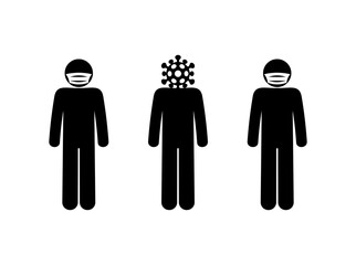 coronavirus illustration, icons of people in masks, stick figure isolated pictograms