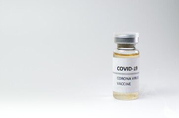 Coronavirus vaccine bottle isolated on white smoke background. Covid-19 situation disease pharmacy in laboratory and drug to cure people.  Healthcare and Medical concept, Development of research.