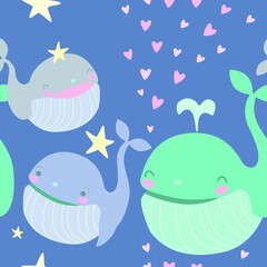 Pattern with whales, sea stars, and hearts. Word Whale Day, World Ocean Day, Happy Valentines Day