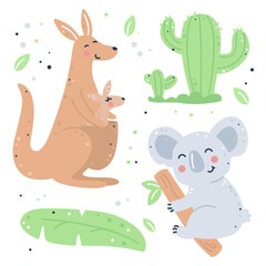 Hand drawn childish set with kangaroo, koala, cactus and leaves.