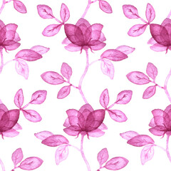 White-purple floral seamless pattern with simple roses. Repeating background with watercolor flowers.  White background. Hand drawn décor for fabric print or wallpaper.