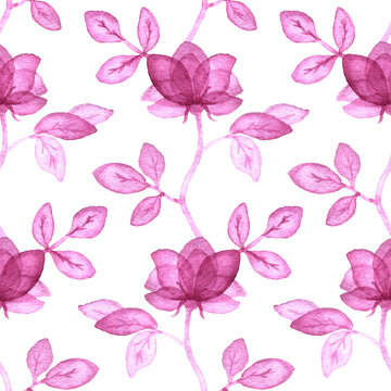 White-purple floral seamless pattern with simple roses. Repeating background with watercolor flowers.  White background. Hand drawn d&eacute;cor for fabric print or wallpaper.