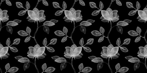 Black-white floral seamless pattern with simple roses. Repeating background with watercolor flowers.  Hand drawn decor for fabric print or wallpaper.