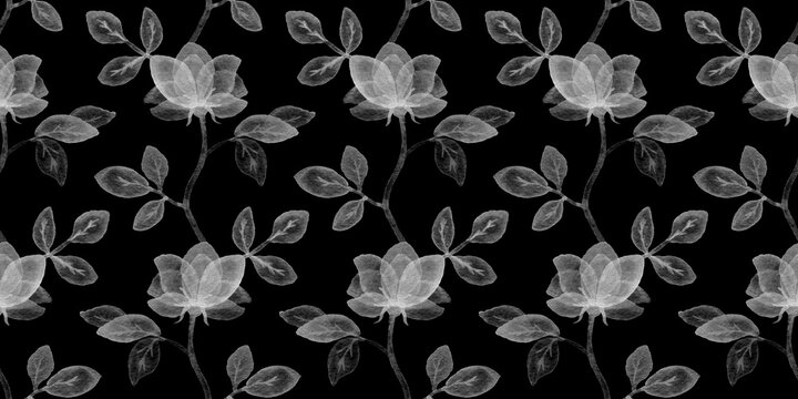Black-white floral seamless pattern with simple roses. Repeating background with watercolor flowers.  Hand drawn decor for fabric print or wallpaper.