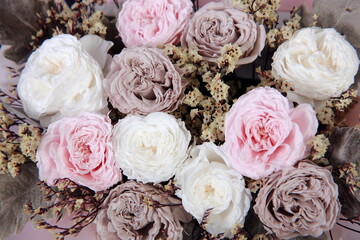 Background of beautiful composition of white and light flowers. Wedding time. Valentine's Day. 