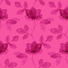 Pink-purple floral seamless pattern with simple roses. Repeating background with watercolor flowers.  Hand drawn decor for fabric print or wallpaper.