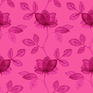 Pink-purple floral seamless pattern with simple roses. Repeating background with watercolor flowers.  Hand drawn decor for fabric print or wallpaper.