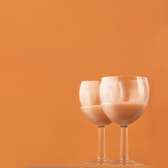 two glasses of coffee liqueur on a brown background, square photo. Copy space