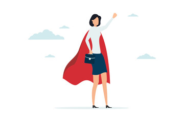 Lady power, woman leadership, feminism or female empowerment concept, confidence powerful businesswoman wearing business suit with superhero cape.