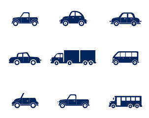 Flat cars set. Taxi and minivan, cabriolet and pickup. car icons set.