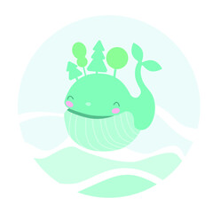 Protect ocean concept. During its lifetime, one whale consumes an average of 33 tonnes of CO2.Whale and plants. Vector. Word Whale Day, World Ocean Day, Earth Day.