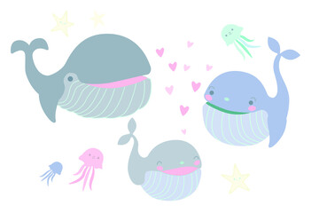 Cartoon whale vector illustration. Three cute whales with gellyfish, sea stars and hearts. Word Whale Day, World Ocean Day, Earth Day, Happy Valentines Day